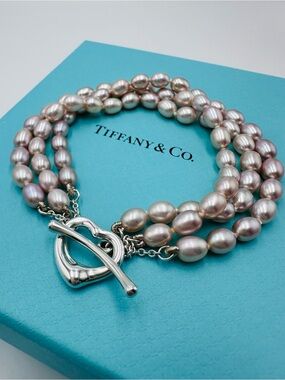 Tiffany & Co. Open Heart Pearl Toggle Bracelet in Sterling Silver with Packaging